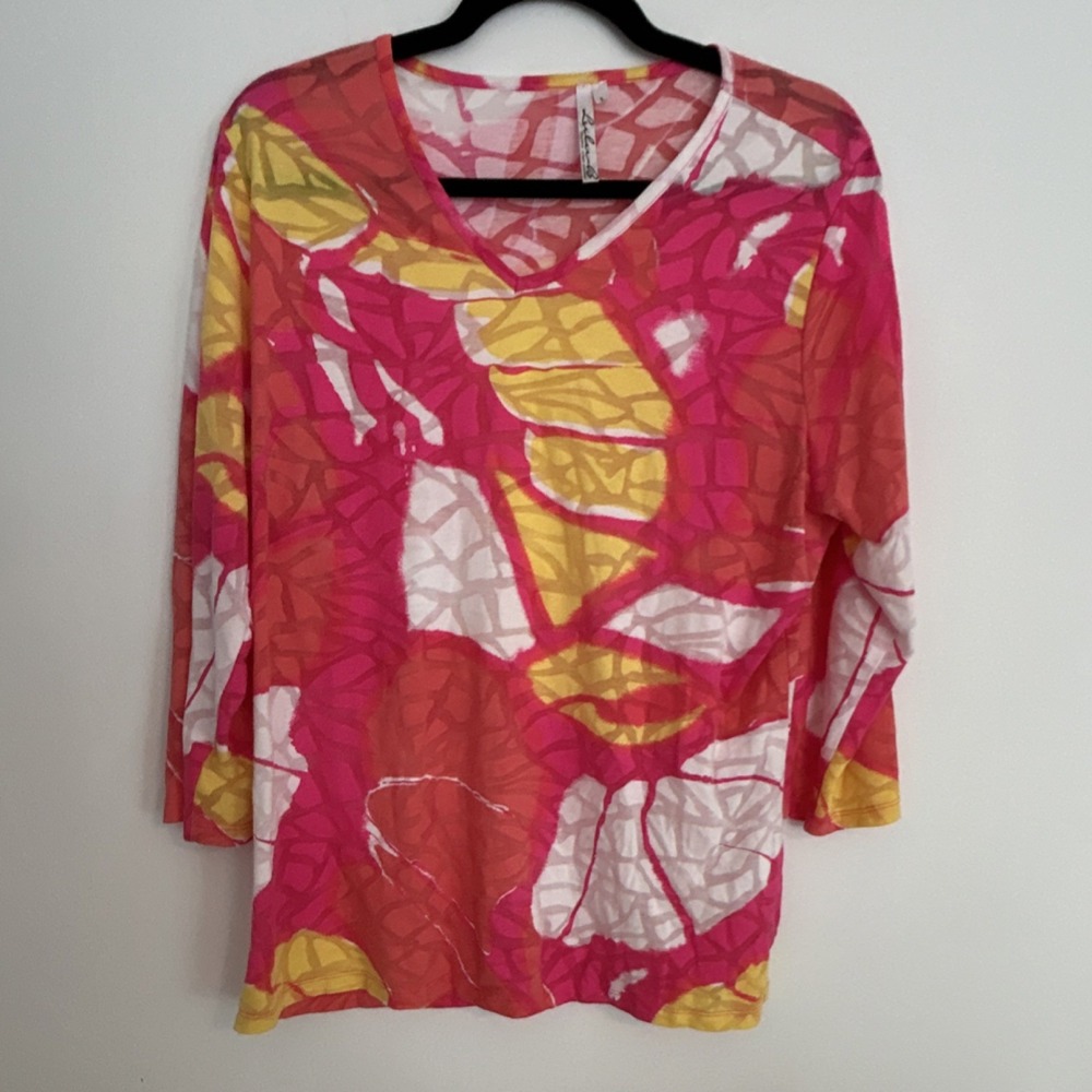 Lulu‎ B Abstract Print V-Neck Tunic Blouse 3/4 Sleeve Pink Yellow White L